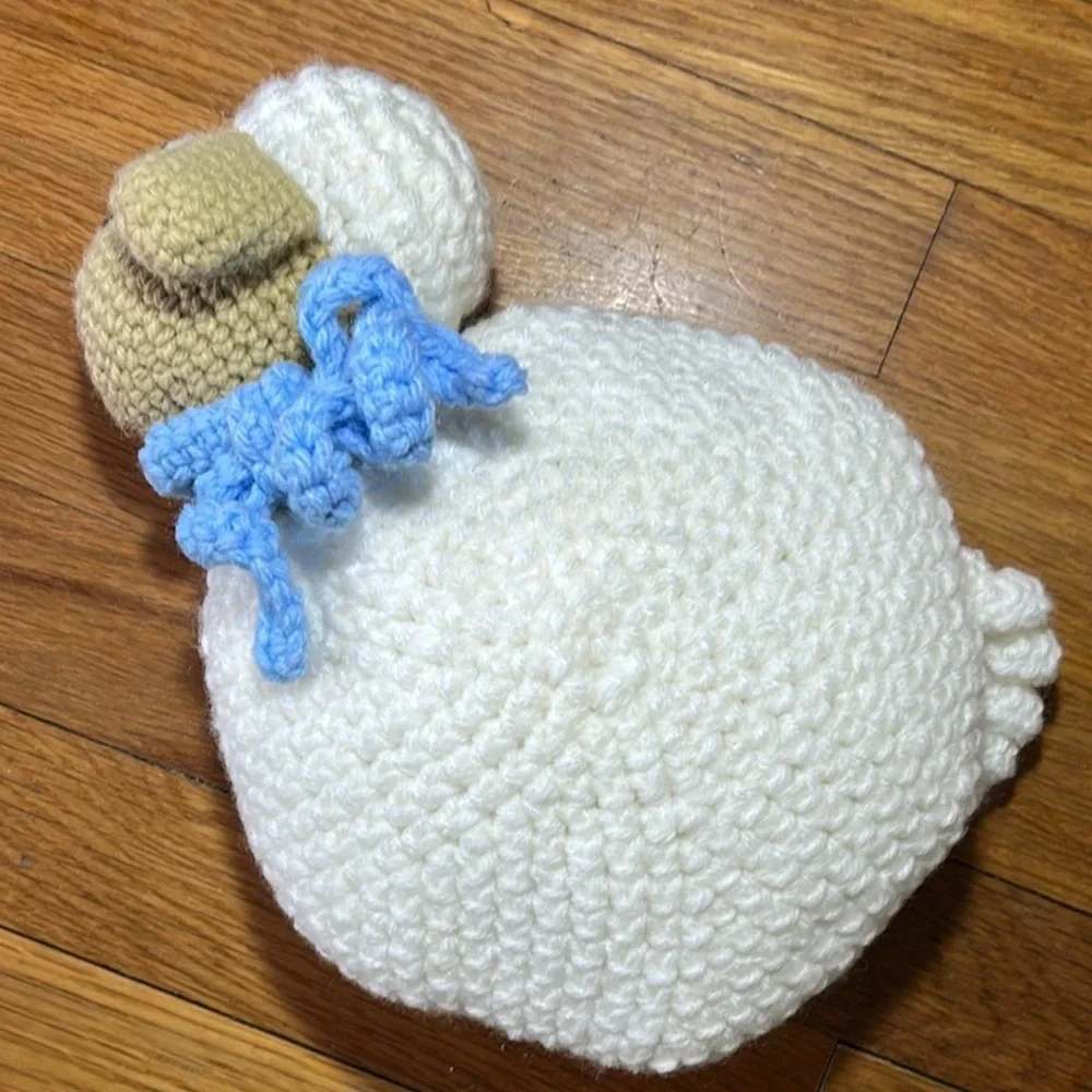New Hand Crochet White and Tan Fluffy Sheep Pillow